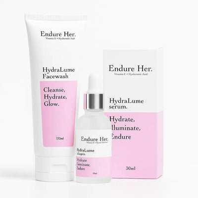 Endure Her HydraLume skincare products on a white background