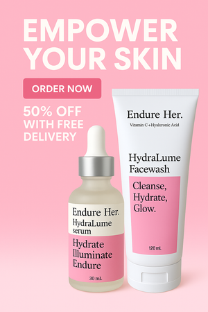 A promotional digital advertisement for Endure Her skincare featuring two products—HydraLume serum and HydraLume facewash—displayed on a soft pink background. Bold white text at the top reads "EMPOWER YOUR SKIN" with a pink "ORDER NOW" button below. Additional text says "50% OFF WITH FREE DELIVERY." The serum bottle and facewash tube are placed side by side, showcasing their labels with benefits like "Hydrate, Illuminate, Endure" and "Cleanse, Hydrate, Glow."