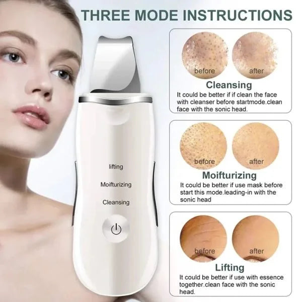 Facial cleansing device with three mode instructions displayed on a white background.