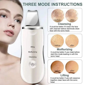 Facial cleansing device with three mode instructions displayed on a white background.