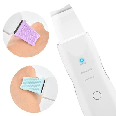 White electronic device with attachments on skin, showing moisturizing and cleaning functions.